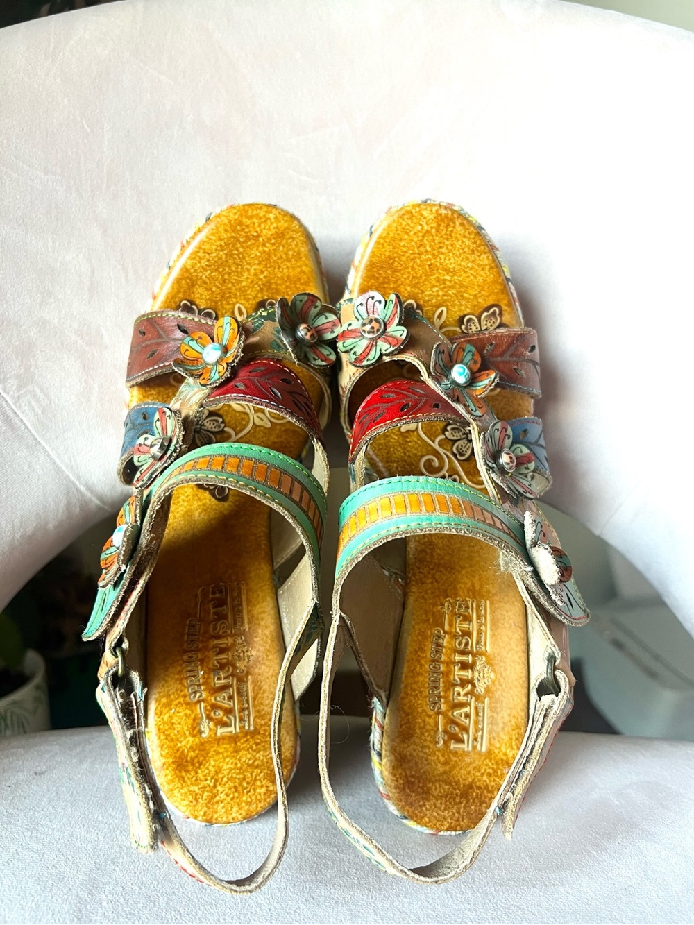 L’artiste Floral Leather Block Heel Sandals Size 41 - Boho Chic Platform - Picture 3 of 11